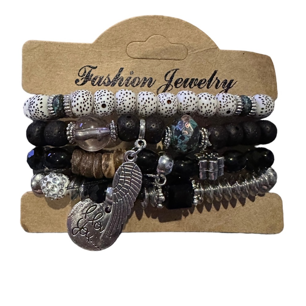 Set of 4 Boho Style Black and Silver Elastic Bracelet Set